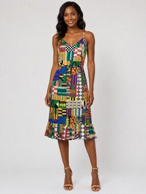 NWOT SHEIN Colorful Geometric Patchwork African Bodycon Straps Midi Size Large